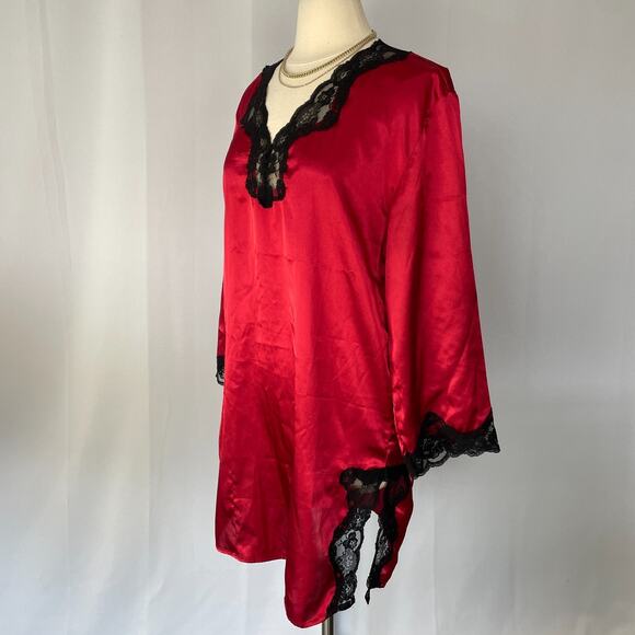 Lingerie Nightgown Size Small Red Satin Black Lace Long Sleeve Sleep Silky Sexy - Picture 7 of 15